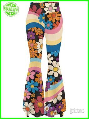 High Waisted Flared Yoga Pants 70s Hippie Flower Leggings